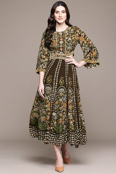 Brown floral printed long dress