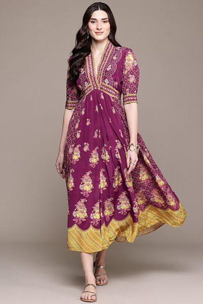 Purple floral printed long dress