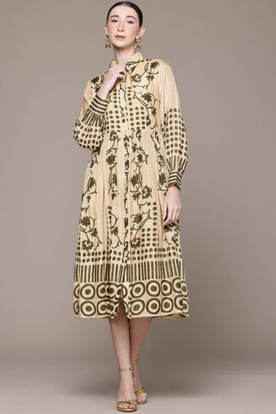 Beige and olive geometric printed dress