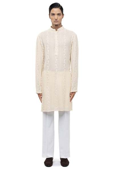 Light yellow lucknowi kurta set