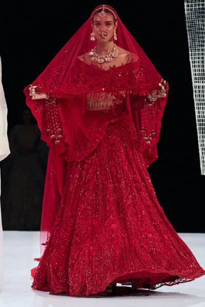 Red art nouveau embroidered lehenga set