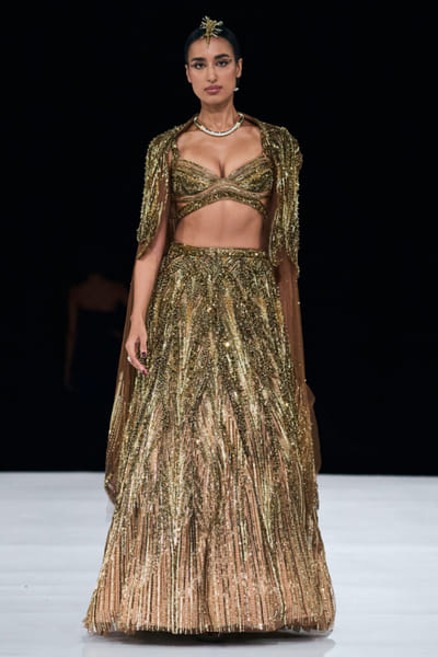 Antique gold crystal beaded lehenga set