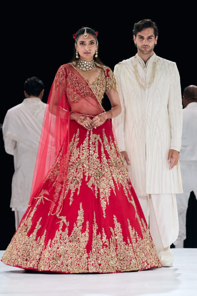 Vermilion red zardozi embroidered lehenga set