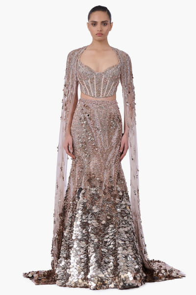 Haze champagne embroidered cape lehenga set