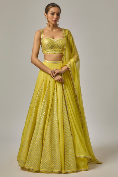 Lemon yellow hand embroidered lehenga set