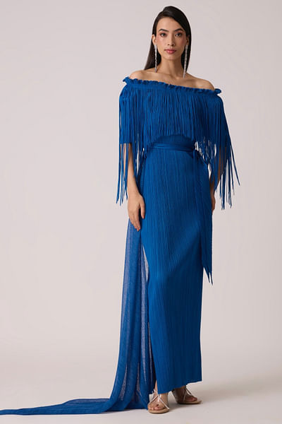 Azure blue off-shoulder fringe belted dress