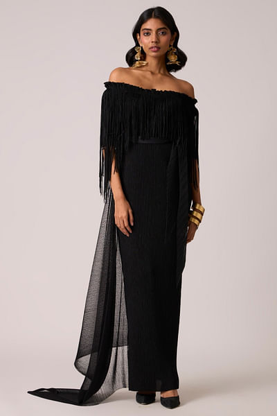 Black off-shoulder fringe belted maxi dress