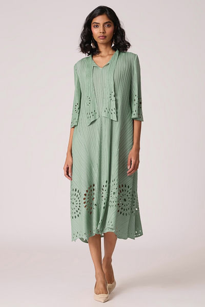 Mint green scarf collared and cutwork dress