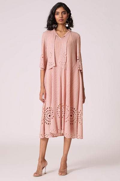Pale pink scarf collared and cutwork dress