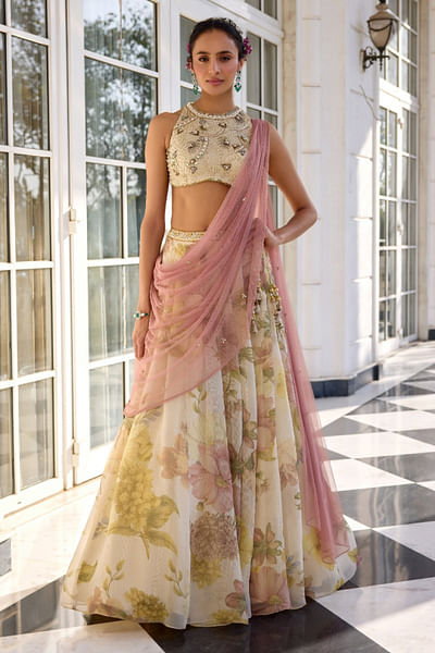 Ecru floral printed lehenga set
