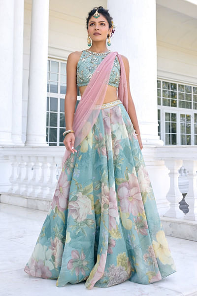 Turquoise floral printed lehenga set
