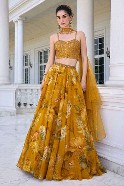 Golden yellow floral printed lehenga set
