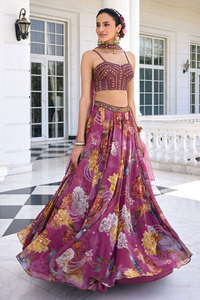 Tyrian purple floral printed lehenga set