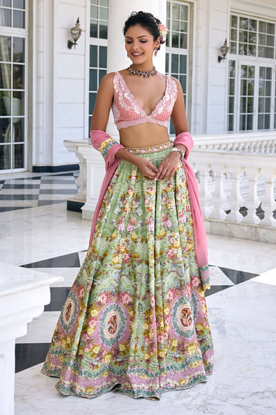 Green and pink floral printed lehenga set