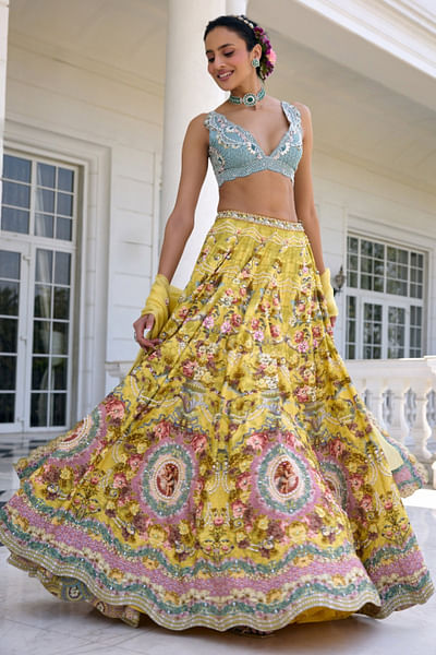 Yellow and aqua floral printed lehenga set