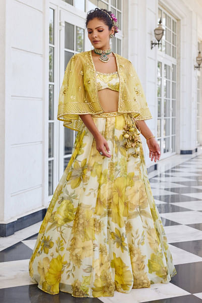 Yellow floral printed lehenga and cape set