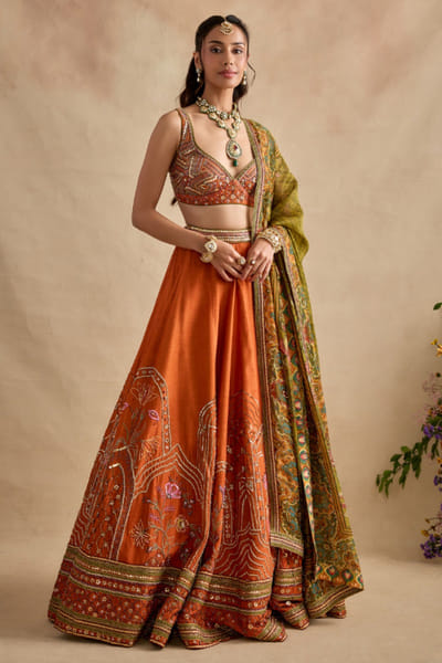 Tangerine floral embroidered lehenga set