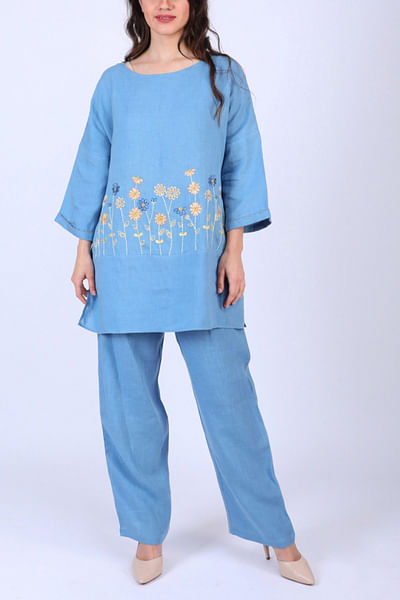 Blue embroidered linen top