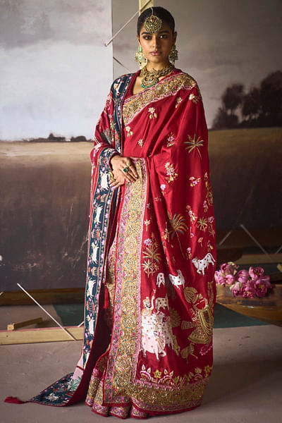 Red embroidered sari