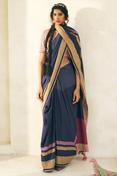 Twilight blue beaded cotton sari