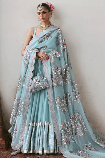 Ice blue embroidered pishwas kurta set