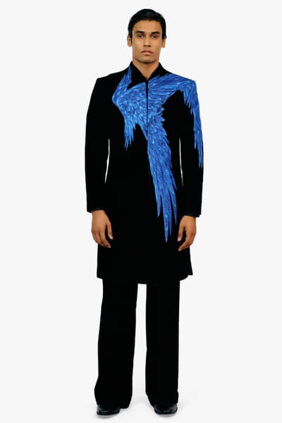 Black velvet embroidered long jacket