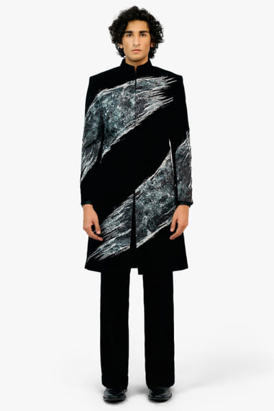 Black velvet appliqué work long jacket