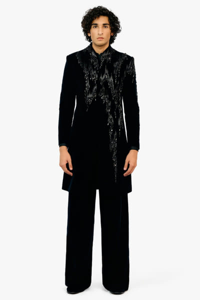 Midnight blue embellished long jacket