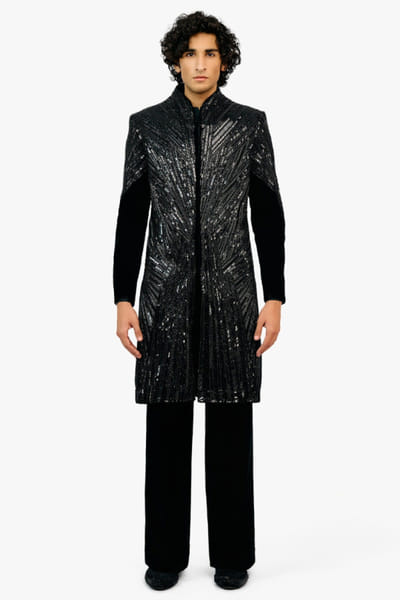 Midnight blue cosmic embroidered long jacket