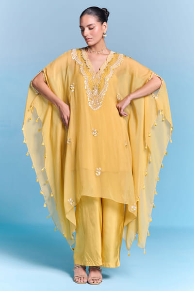 Kalista Yellow sequin embroidered kaftan set KALAUG25D133902