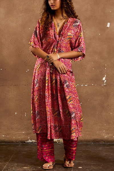 Pink printed kaftan kurta pants