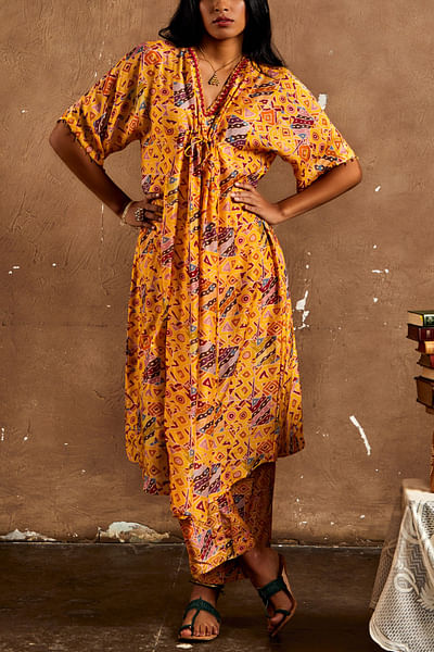 Mustard printed kaftan kurta pants