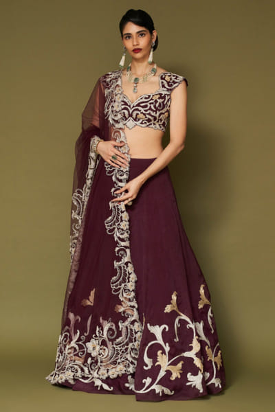 Devnaagri Wine zari embroidered lehenga set DEVNAPR26D143045