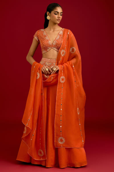 Orange mirror and dori embroidered lehenga set