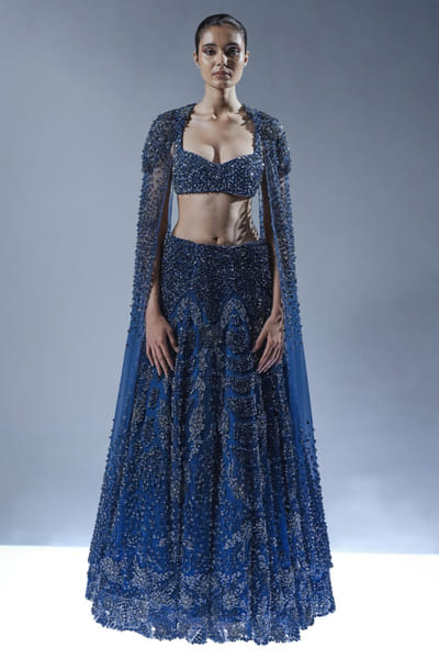Rohit Gandhi + Rahul Khanna Blue 3D embroidered lehenga set ROHIJUN26D147912