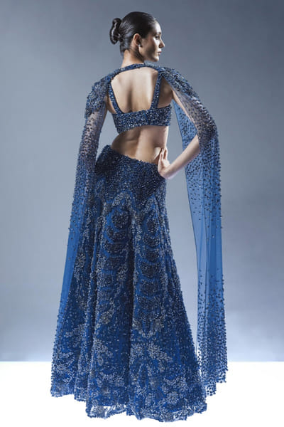 Rohit Gandhi + Rahul Khanna Blue 3D embroidered lehenga set ROHIJUN26D147912
