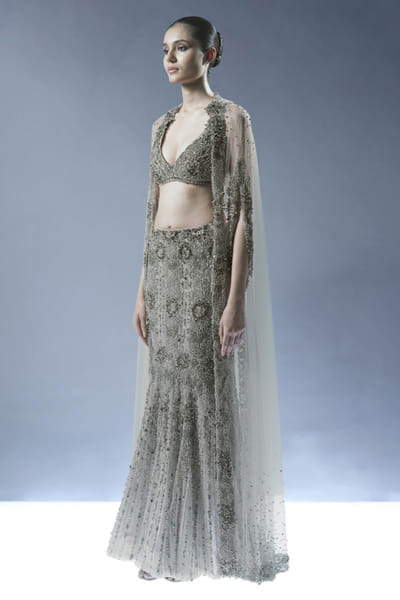 Rohit Gandhi + Rahul Khanna Ecru sequin embroidered cape lehenga set ROHIJUN26D147919