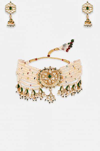 White pearl embellished choker necklace set