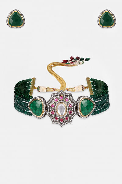 Green beads embellished choker necklace set