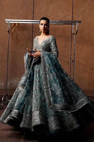 Ice blue embroidered pishwas sharara set