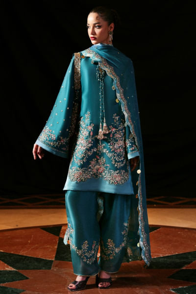 Teal green embroidered kurta set