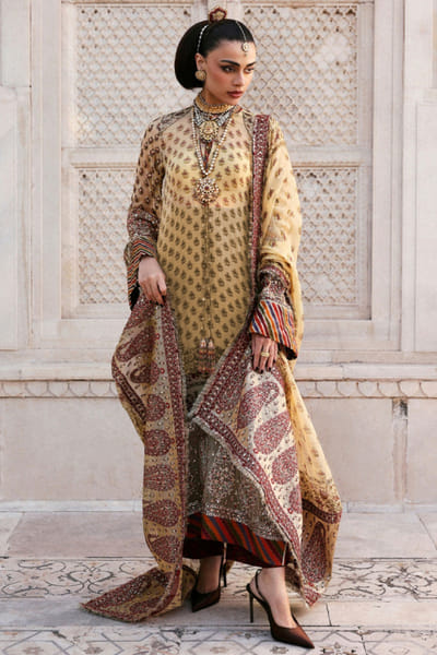 Butter yellow print embroidered kurta set