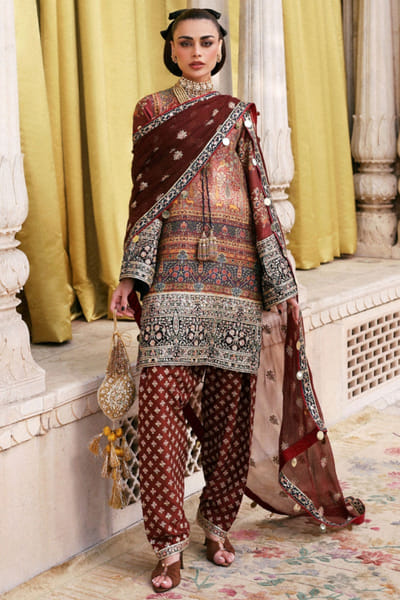 Brick red print embroidered kurta salwar set