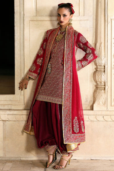 Cherry red embroidered kurta salwar set