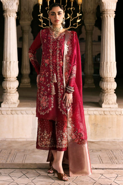 Cranberry red print embroidered kurta set