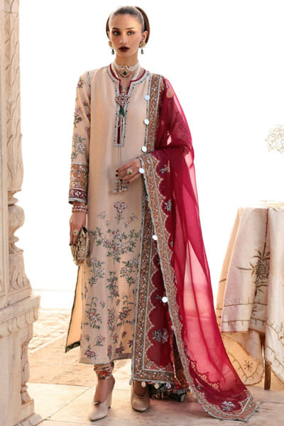 Beige floral embroidered kurta set