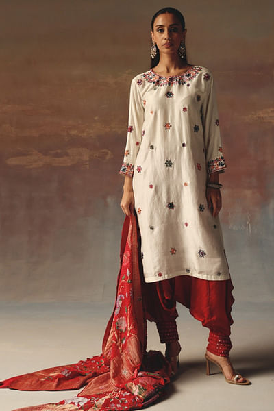 Red embellished modal satin dhoti pants