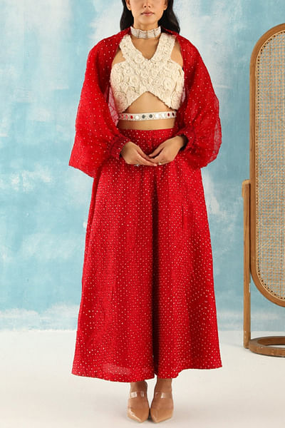 Red bandhani high waist flared pant