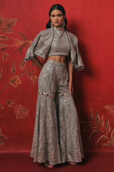 Twenty Nine Blue mirror hand embroidered sharara TWENAUG26D253296