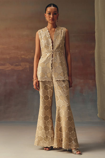Gold embellished and scalloped bell bottoms